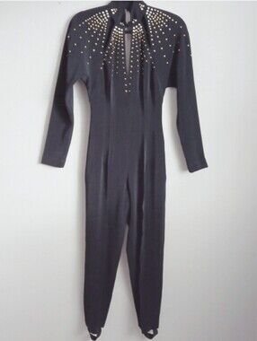 Vintage J Harris Black Studded Jumpsuit   With Stirrups Disco Party